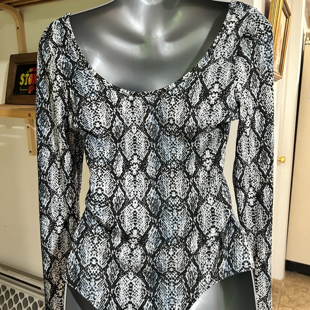 Snake print thong body suit. Size L. Blue and black.  Awesome with jeans.